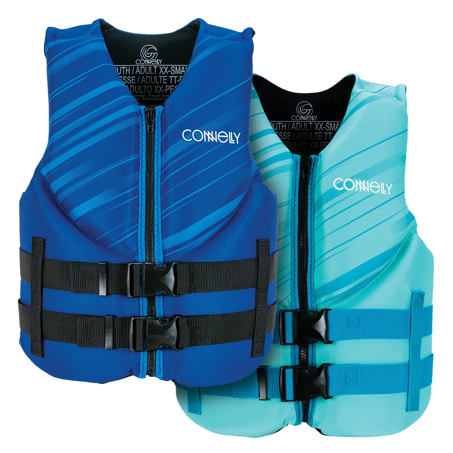 Two Junior Promo Neo life vests, one in blue and one in teal, displayed side by side showing both color options.