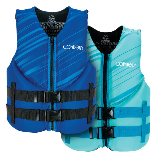 Two Junior Promo Neo life vests, one in blue and one in teal, displayed side by side showing both color options.