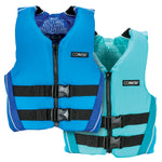 Two Teen Fusion Nylon life vests in blue and teal, featuring black adjustable straps, front zippers, and side padding.