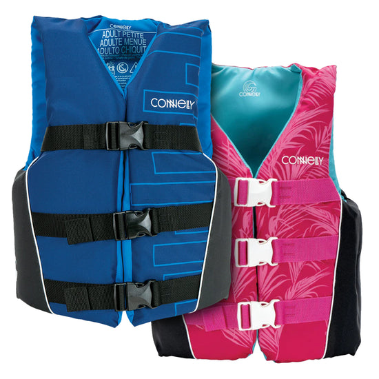 Teen Tunnel Nylon life vests in blue and pink, both with durable buckles, adjustable straps, and secure front closures.