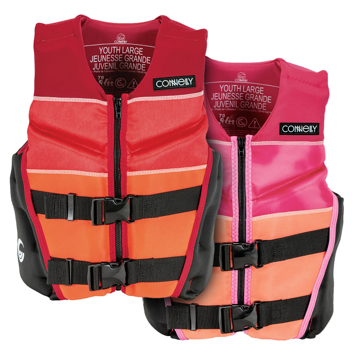 Front view of two Youth Classic Neo vests in red and pink with orange accents and black side panels.