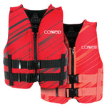 Two Youth Promo Neo life vests displayed side-by-side, one in red with black accents and one in red with orange accents.