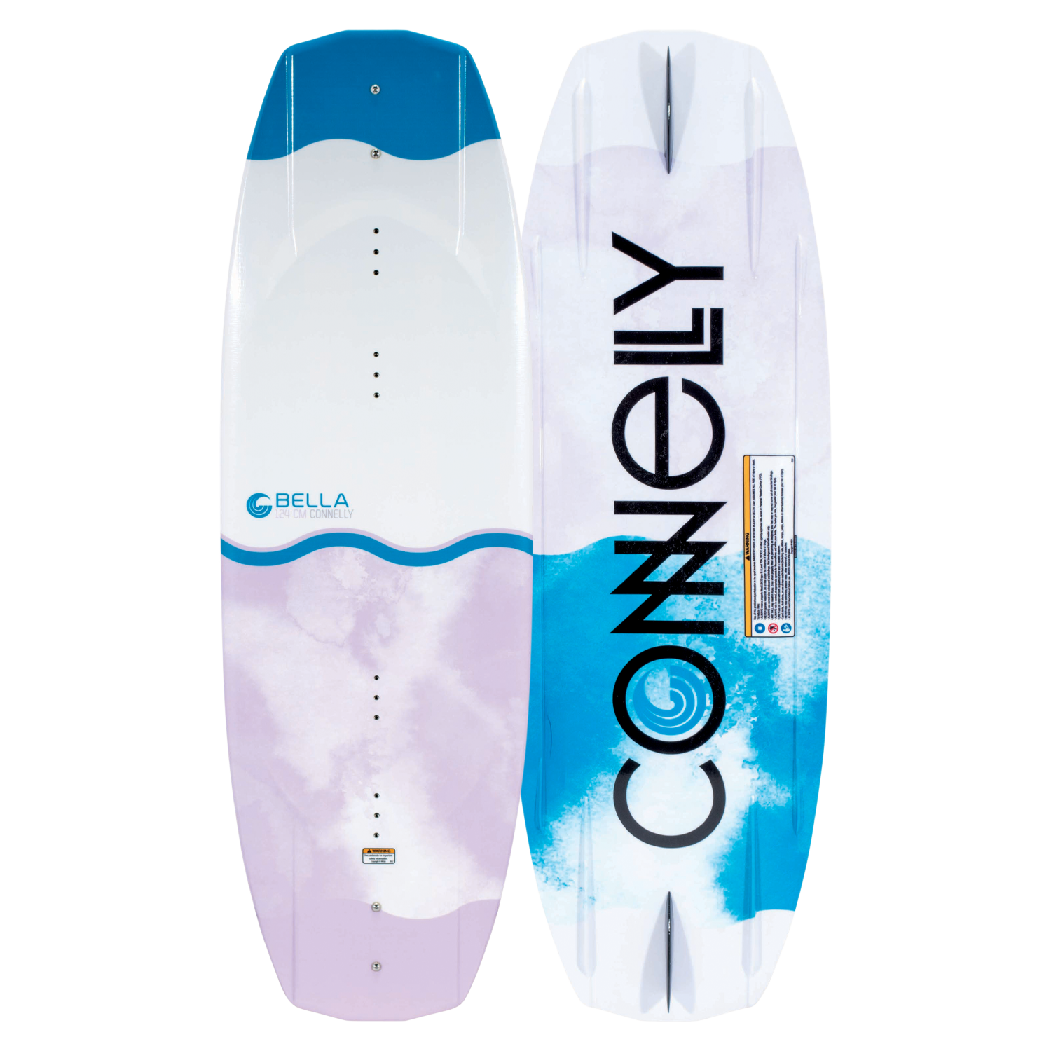 Two Connelly Bella youth wakeboards, front and back view, with a blue and purple design.