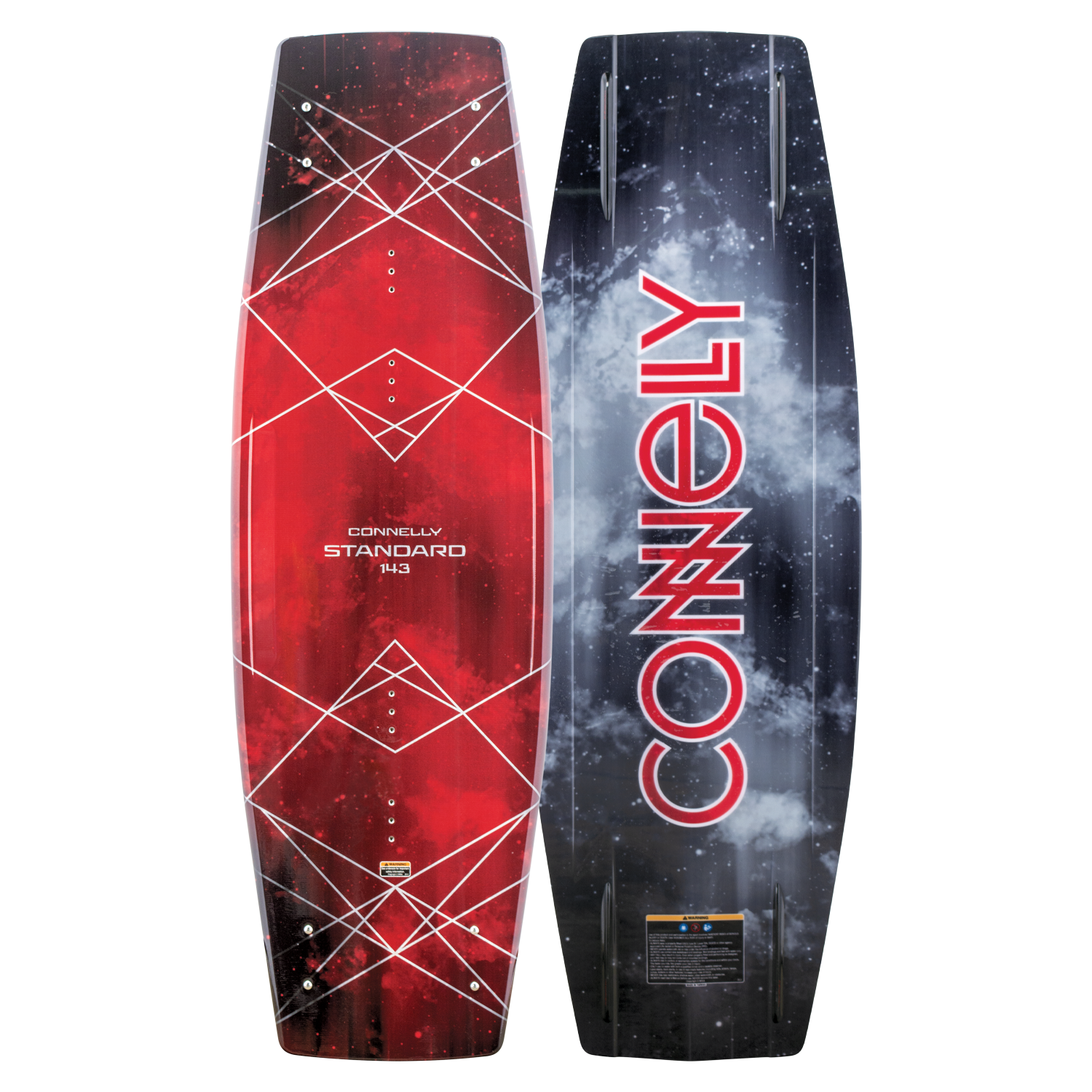 Base and top view of the 2024 Standard wakeboard, with a red geometric top design and a dark space-themed base.