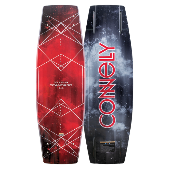 Base and top view of the 2024 Standard wakeboard, with a red geometric top design and a dark space-themed base.