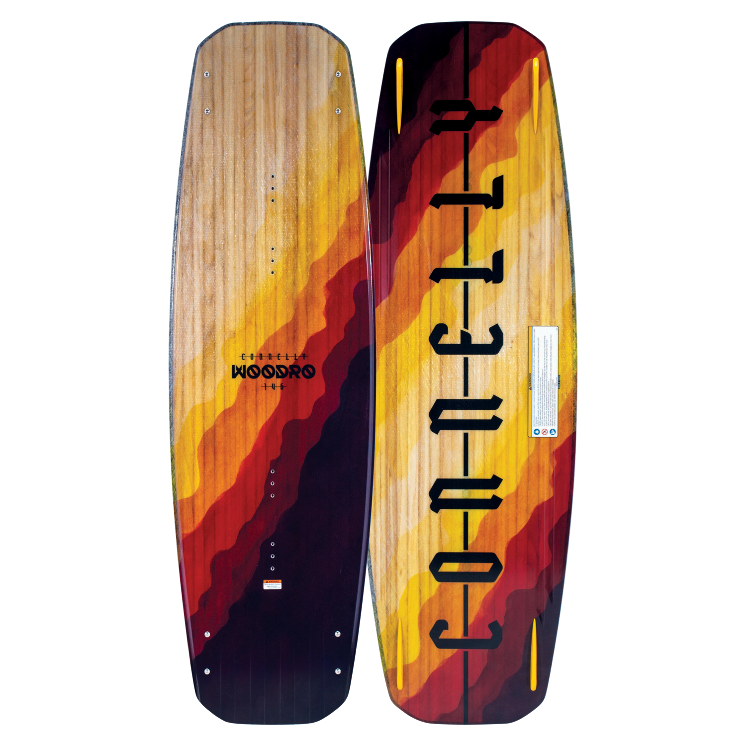 2024 Woodro wakeboard: buttery smooth flex, red/orange/yellow stripes, CONNELLY logo.