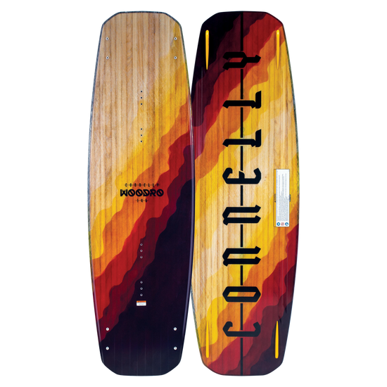 2024 Woodro wakeboard: buttery smooth flex, red/orange/yellow stripes, CONNELLY logo.
