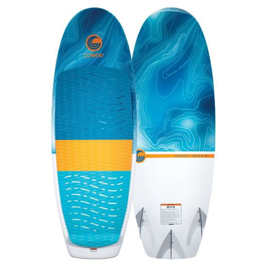 Connelly Baja wakesurf board, top and bottom views. Blue topographic design, grip pad, and triple fin setup.