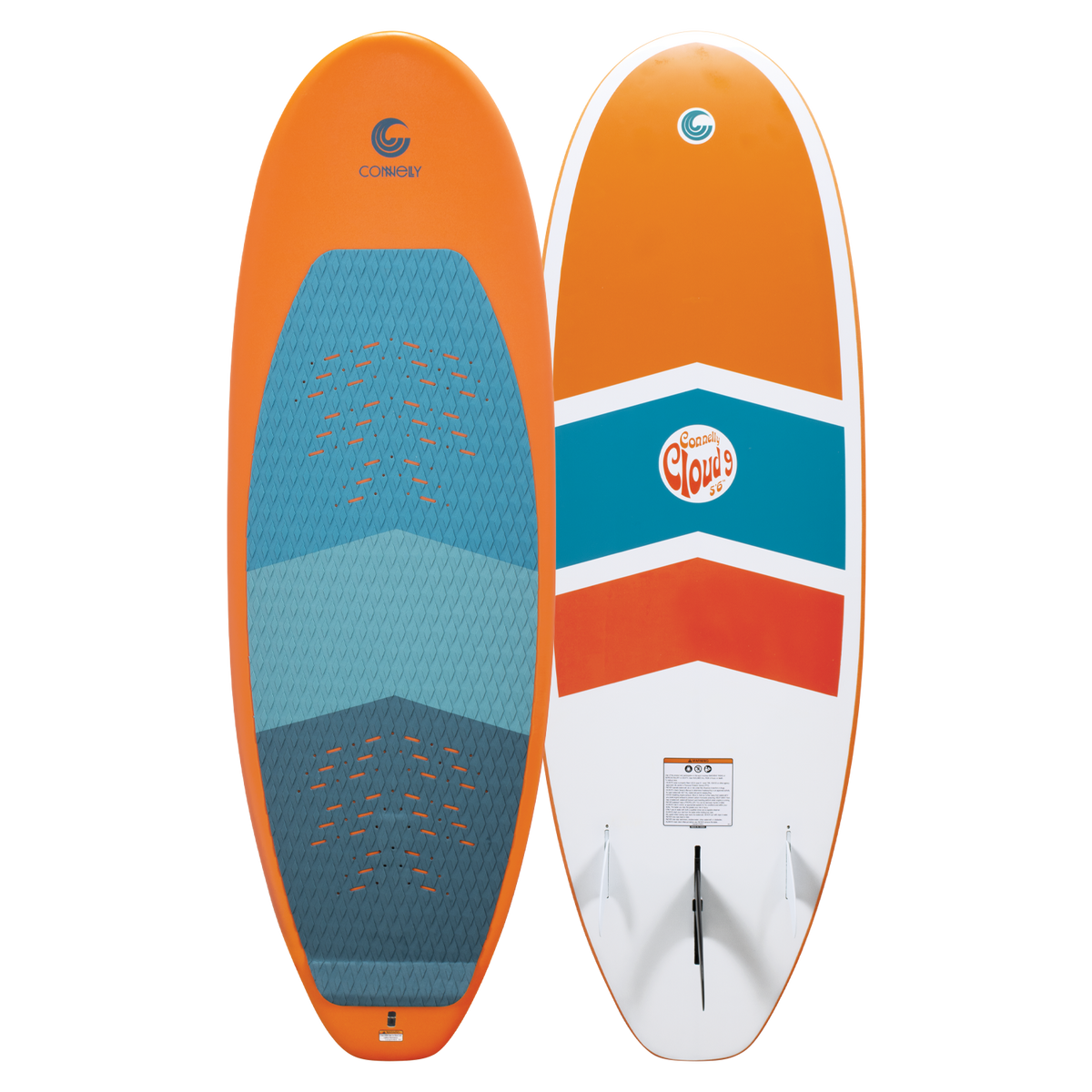 Front and back view of the Cloud 9 wakesurfer with an orange, white, and blue chevron design and a tri-fin system.