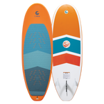 Front and back view of the Cloud 9 wakesurfer with an orange, white, and blue chevron design and a tri-fin system.