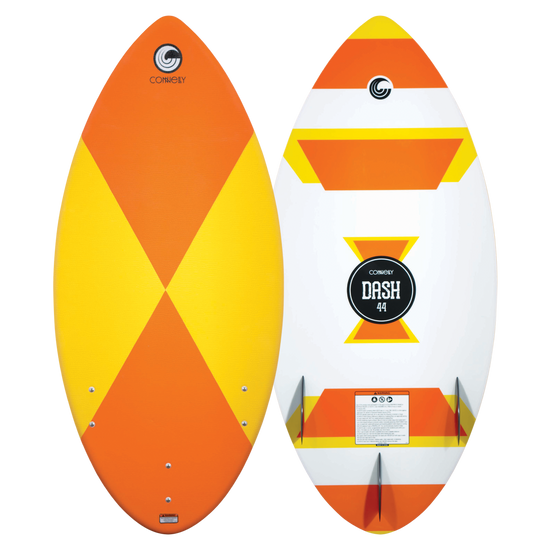 Side-by-side view of the 2024 Dash Kid’s Board, featuring bold orange, yellow, and white geometric patterns.