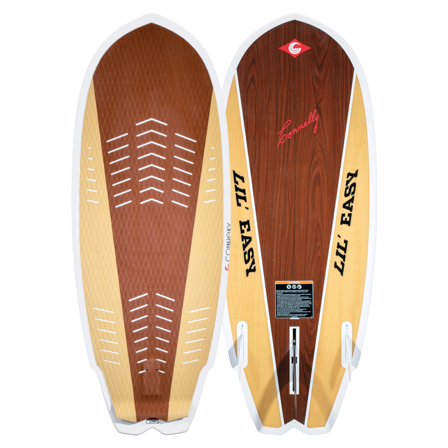 Two 2024 Lil Easy skimboards, surf design & white edges, shown front & back.