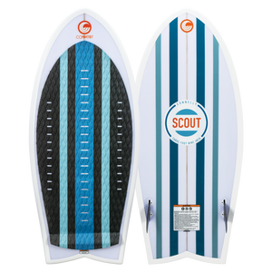 Top and base view of the Scout wakesurf board, featuring blue and white stripes with a diamond-patterned traction pad.