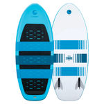 Front and back view of the Stratus wakesurf board, featuring a blue EVA foam top and a white base with blue graphic accents.