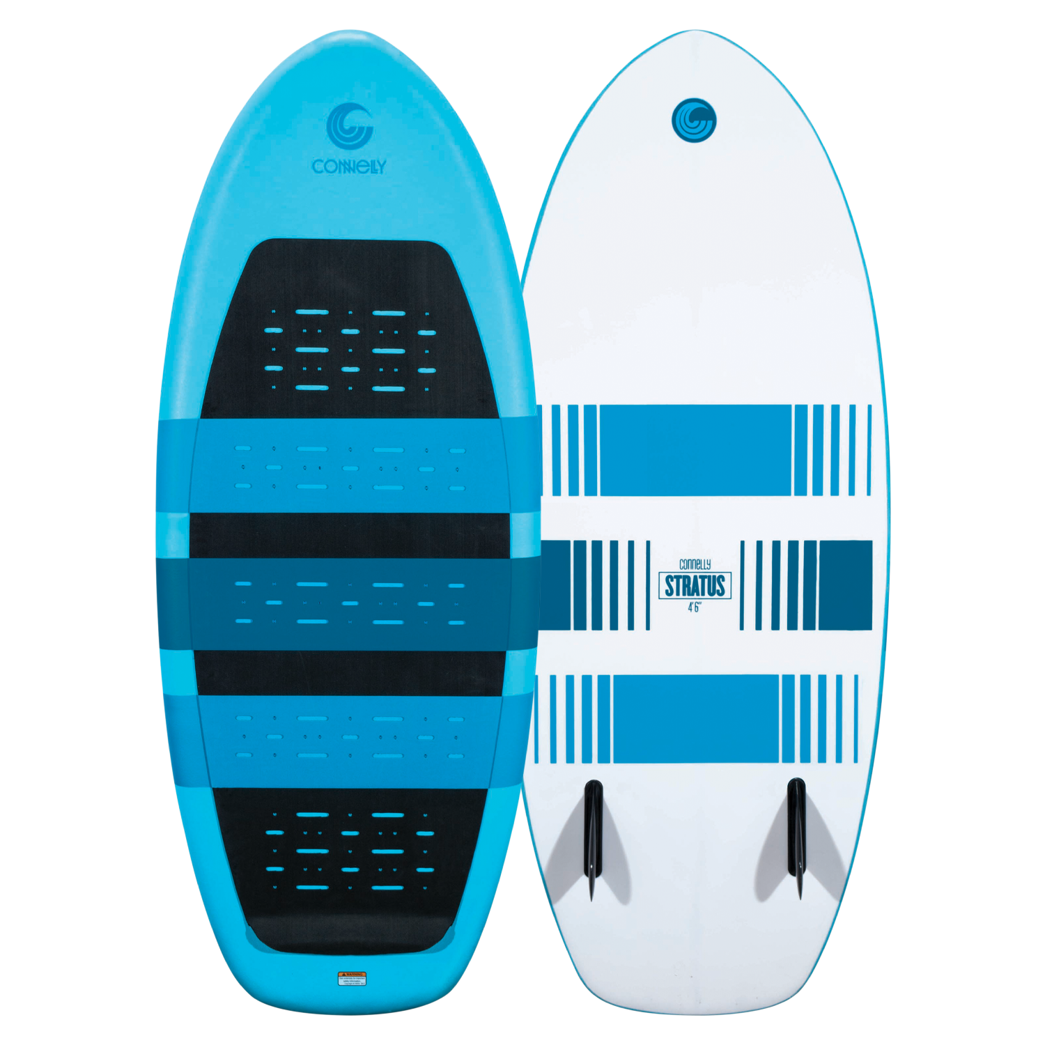 Front and back view of the Stratus wakesurf board, featuring a blue EVA foam top and a white base with blue graphic accents.