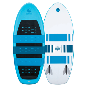 Front and back view of the Stratus wakesurf board, featuring a blue EVA foam top and a white base with blue graphic accents.