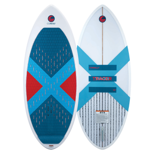 Top and base of the Tracer Skim; the top has a blue and red traction pad, while the base features a blue X-shaped graphic.
