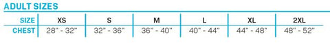Adult size chart for the Men's Aspect Neo vest, listing sizes XS to 2XL with chest measurements from 28" to 52".