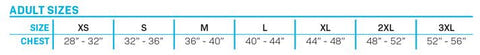 Men's Classic Neo life vest size chart displaying chest measurements from XS to 3XL in inches.