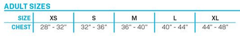 Chart displaying adult sizes for the Women's V, with chest measurements for XS (28"-32") through XL (44"-48").