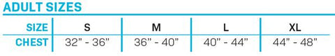 Adult size chart for the Men's AK NCGA vest, listing sizes S to XL with chest measurements from 32" to 48".