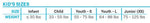Junior Promo Neo size chart listing weight ranges for Infant, Child, Youth-S, Youth-L, and Junior (XS).