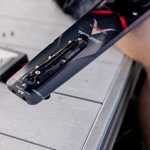 Close-up of the 2024 Carbon V’s Viper 2.0 fin system with sleek carbon fiber texture and striking red accents.