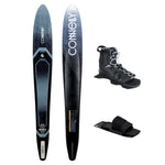 Top and bottom view of Outlaw ski in black with one Tempest front boot and rear toe plate.
