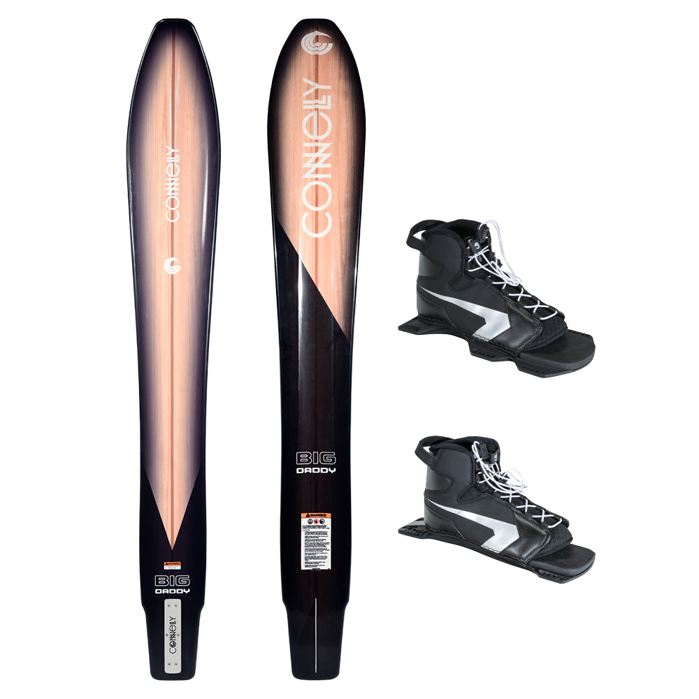 Big Daddy water ski shown from both sides with two Shadow boot bindings.