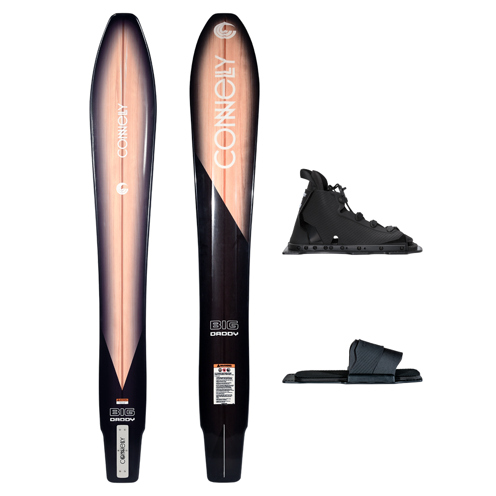 Big Daddy water ski shown from both sides with Swerve front boot and rear toe plate.