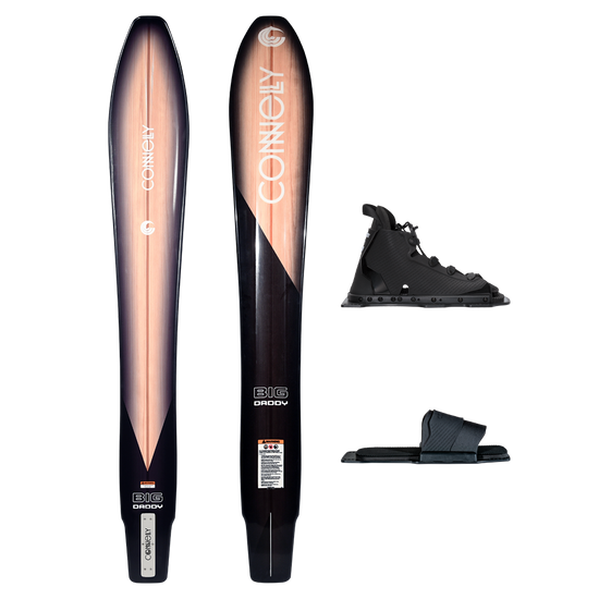 Big Daddy water ski shown from both sides with Swerve front boot and rear toe plate.