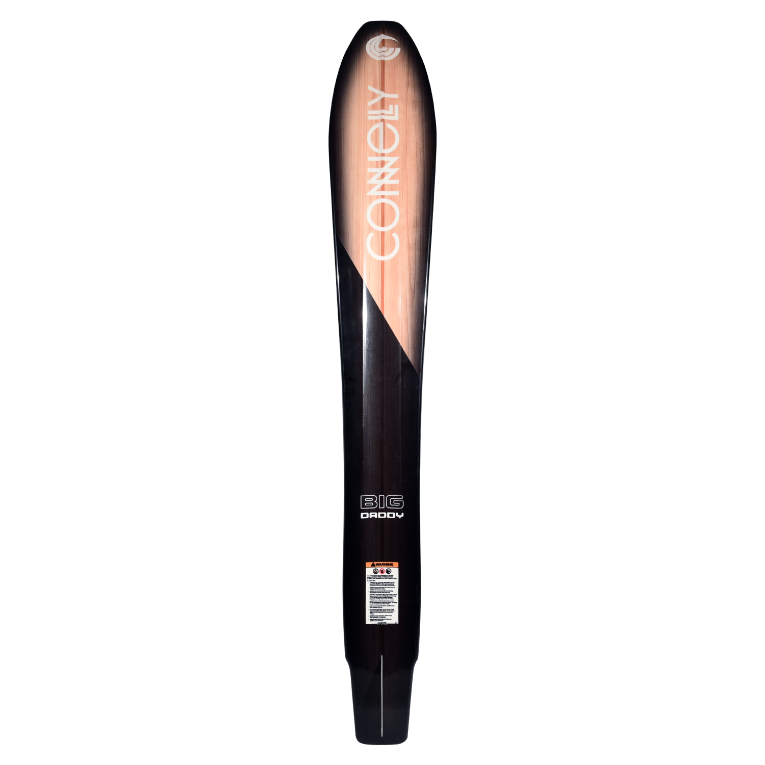 Big Daddy water ski base view, black finish with wood grain panel and diagonal color split.
