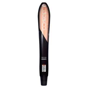 Big Daddy water ski base view, black finish with wood grain panel and diagonal color split.