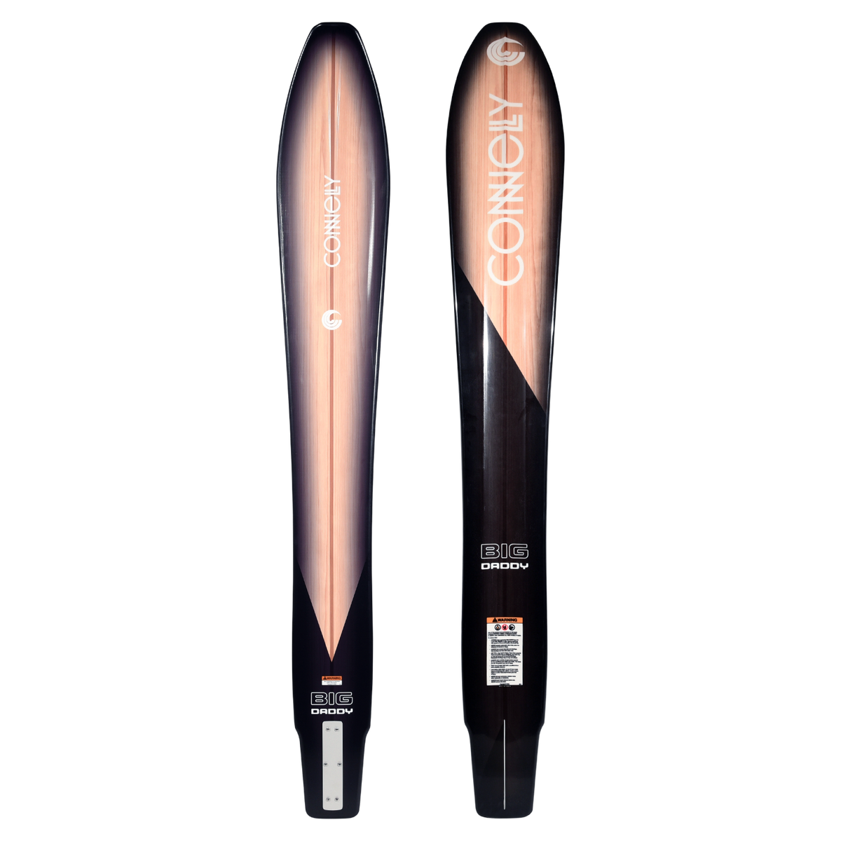 Big Daddy water ski shown from both sides, black with wood grain center panel.