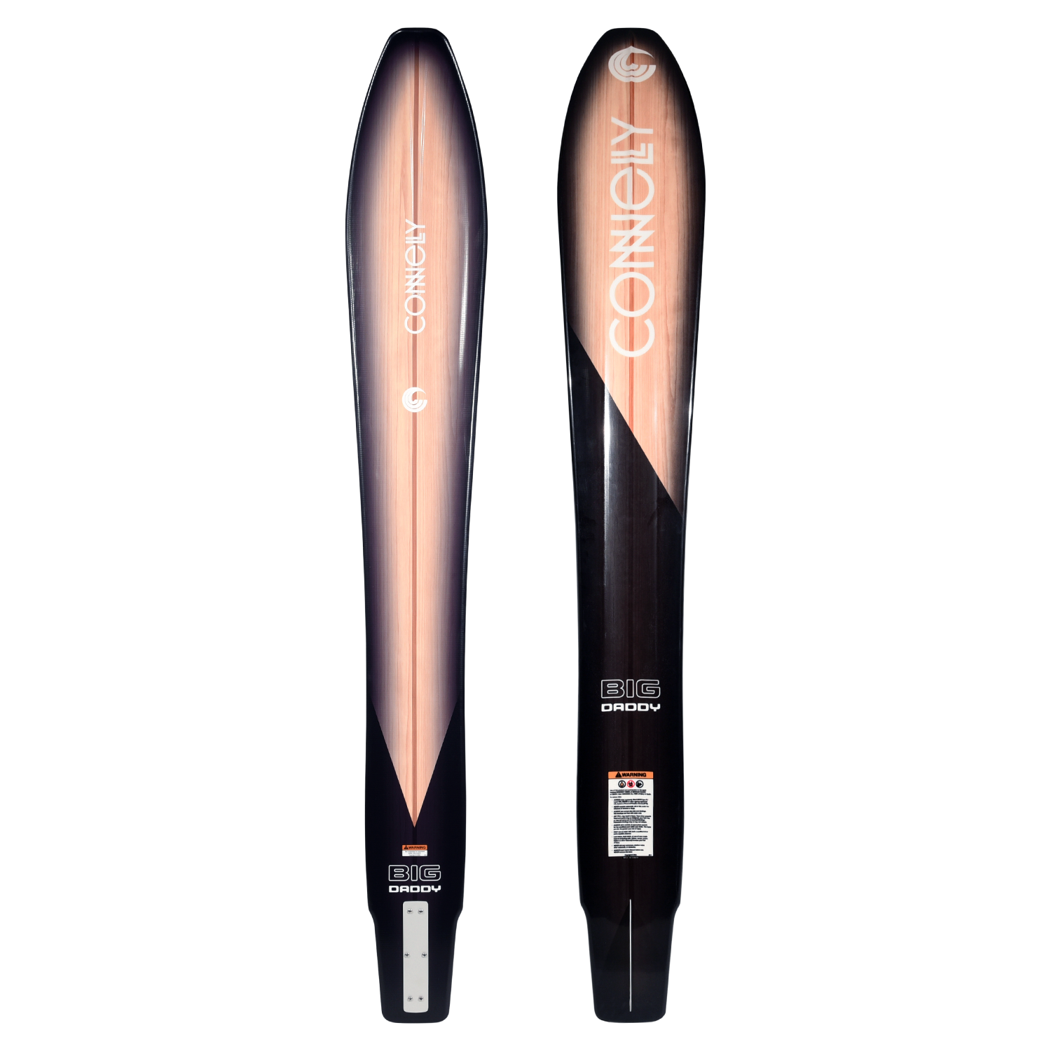 Big Daddy water ski shown from both sides, black with wood grain center panel.