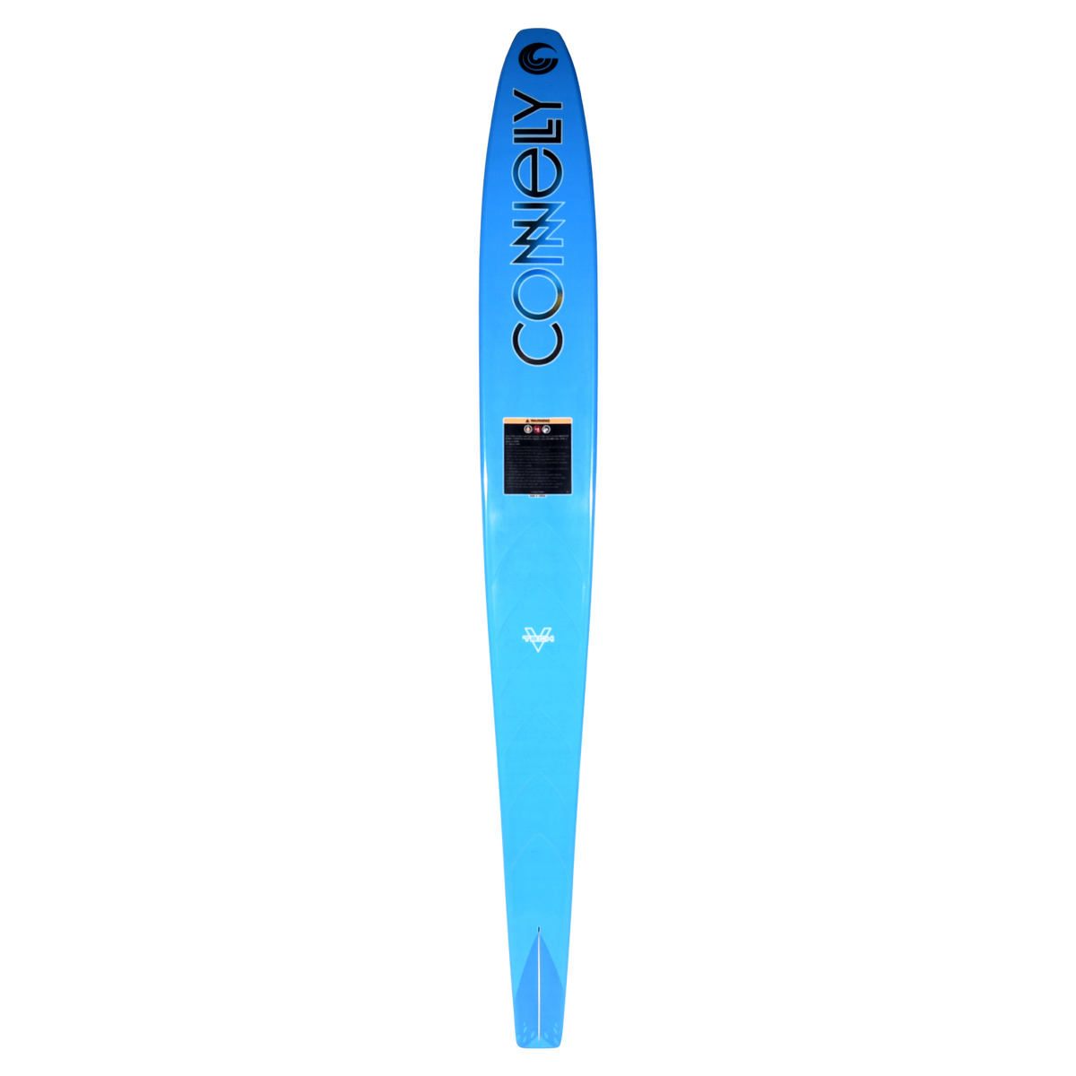 Base view of Concept water ski in bright blue with logo and lettering.