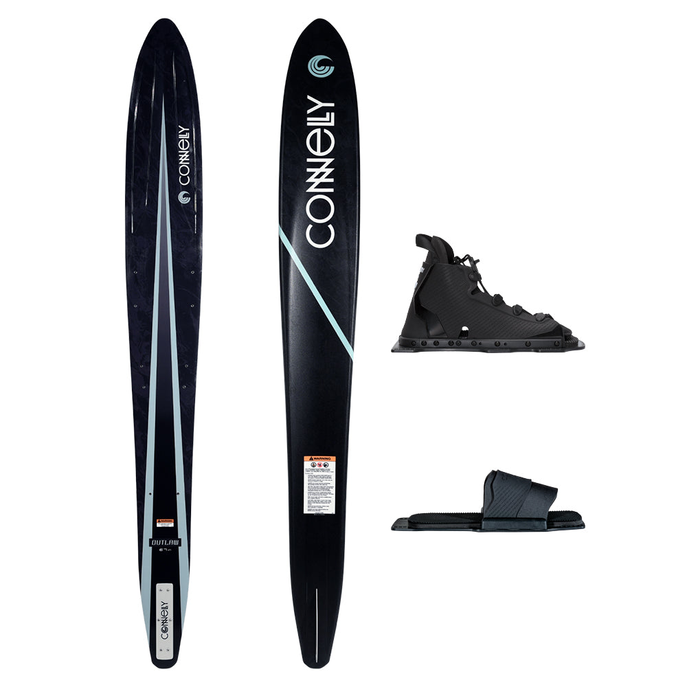 Top and bottom view of Outlaw ski in black with one Swerve front boot and matching rear toe plate.
