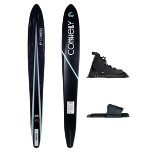 Top and bottom view of Outlaw ski in black with one Swerve front boot and matching rear toe plate.