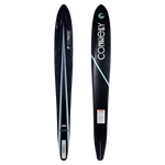 Top and base view of Outlaw water ski in black with light blue stripe design.