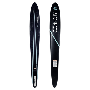 Top and base view of Outlaw water ski in black with light blue stripe design.