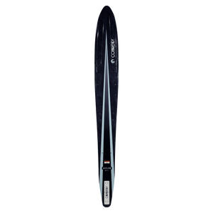 Top view of Outlaw water ski with black finish and light blue center stripe design.