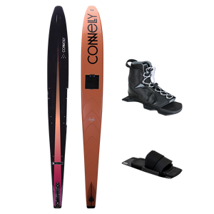 Top and bottom view of Rocket ski in red and black with Tempest front boot and Pivot rear toe plate.