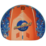 Top view of Convertible Soft Top towable tube in orange and blue with printed logo design.