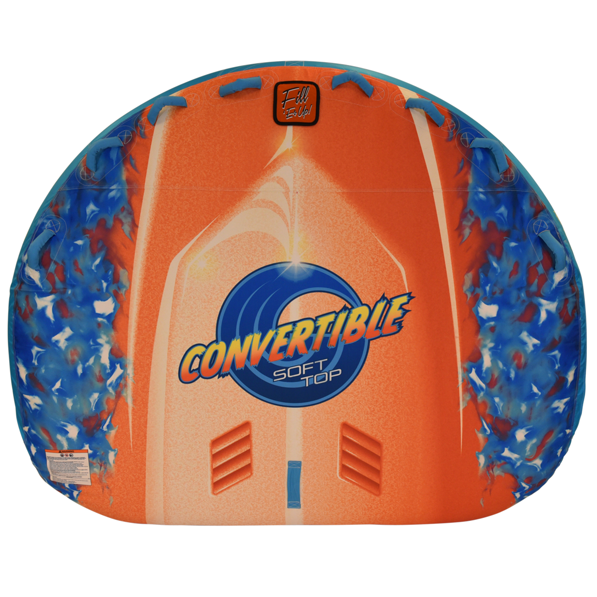 Top view of Convertible Soft Top towable tube in orange and blue with printed logo design.