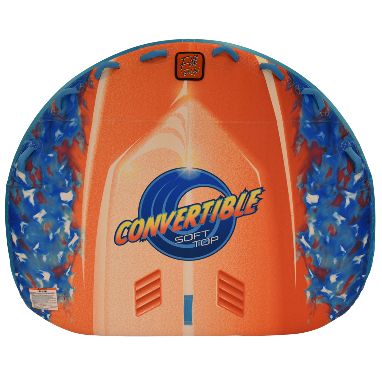 Top view of Convertible Soft Top towable tube in orange and blue with printed logo design.