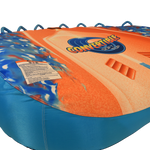 Angled back view of Convertible Soft Top showing blue sides and warning label on rear.