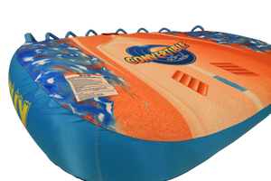 Angled back view of Convertible Soft Top showing blue sides and warning label on rear.