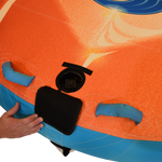 Close-up of hand opening valve cover on Convertible Soft Top with blue grab handles nearby.