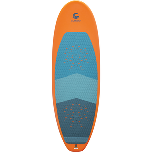 Top view of the Cloud 9 wakesurfer with an orange outline, blue traction pad, and a wide, stable shape.