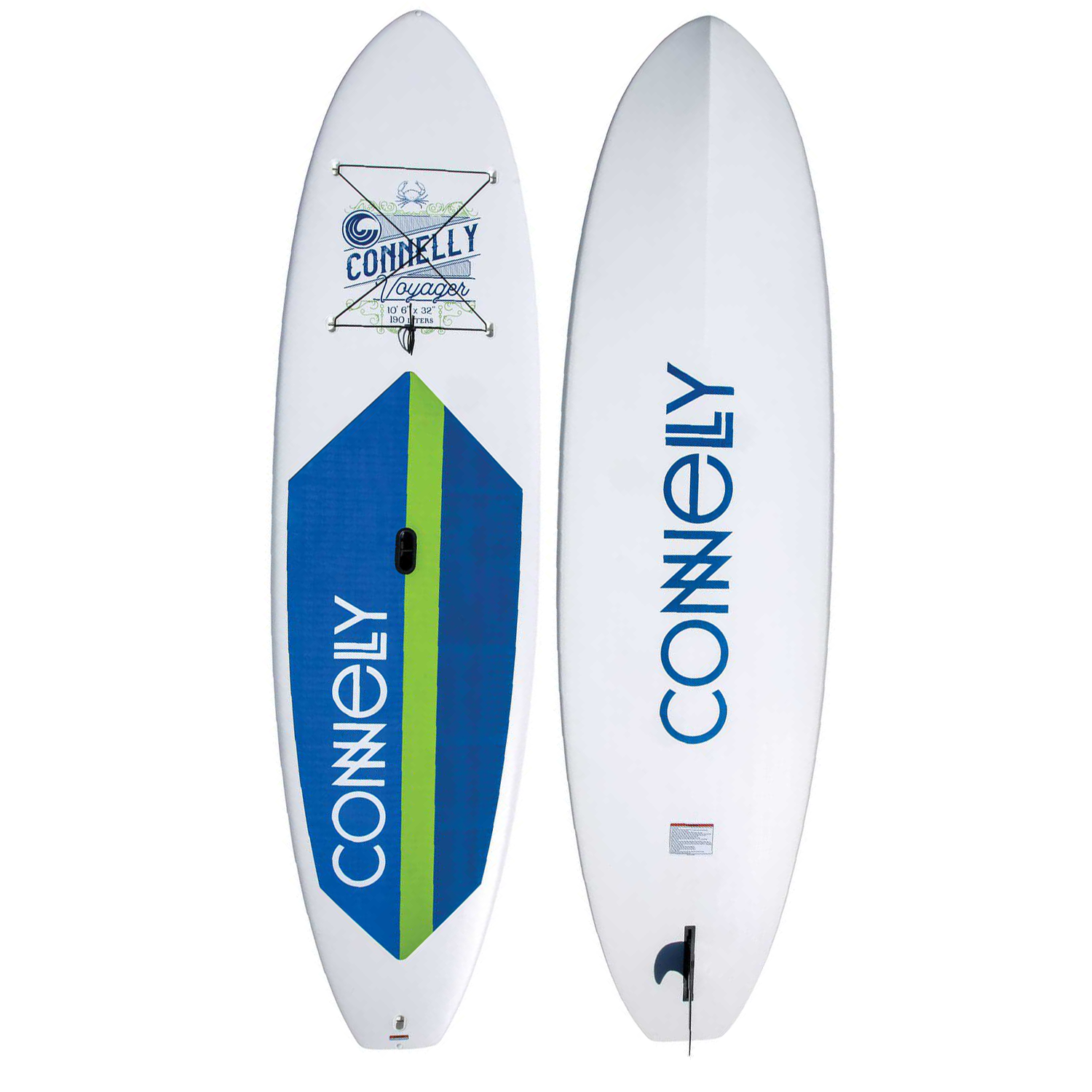 Top and bottom view of the Voyager SUP with green and blue deck pad and large Connelly logos.